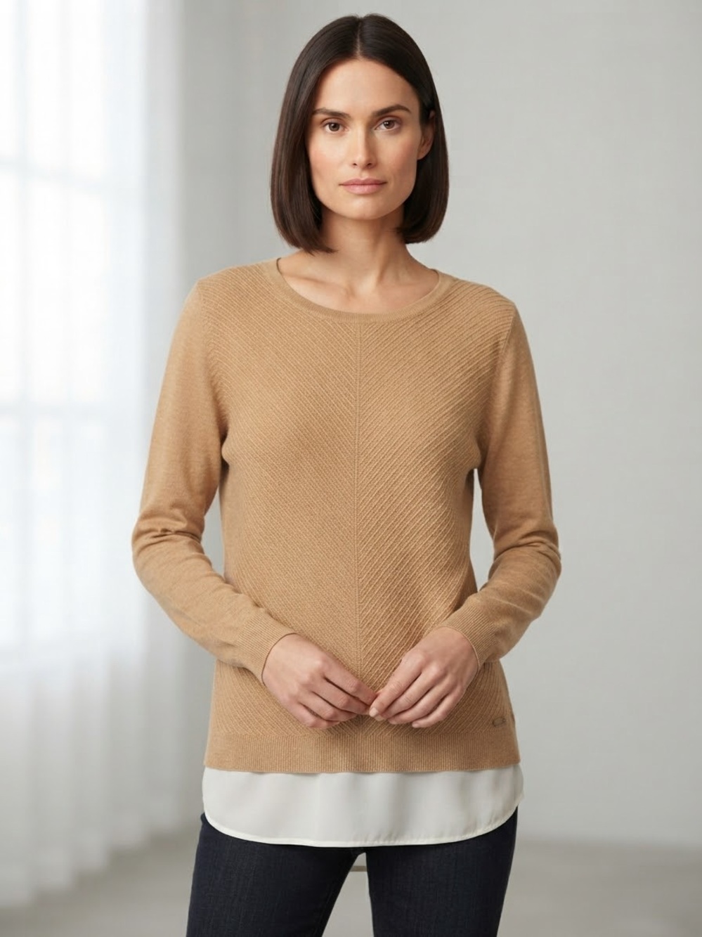 Calvin Klein Camel Scoop Neck Layered-Hem Sweater